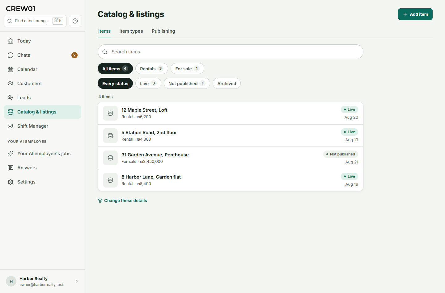The Catalog and listings page in the Crew01 dashboard: rentals and a property for sale with their address and price, three live and one not published