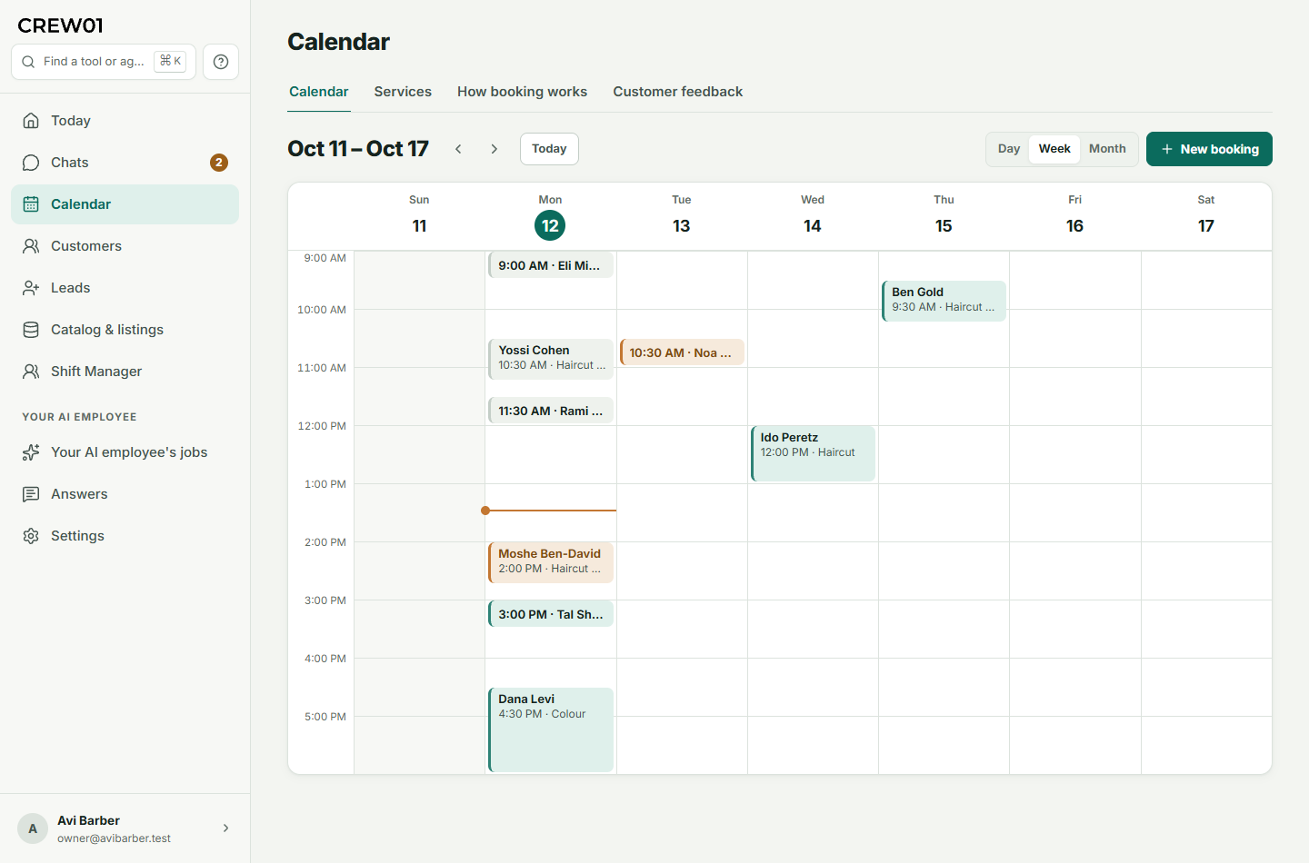 The Calendar in the Crew01 dashboard: a week of haircut and colour bookings with each customer's name and time, some confirmed and some waiting for a person